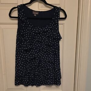 Roz & ALI Navy Sleeveless Mutli Tiered Ruffles Dot Blouse